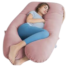 Woman sleeping on a pink body pillow in a relaxed pose