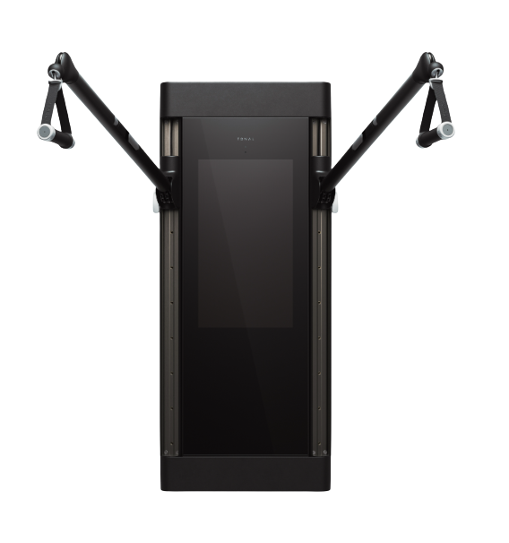 A sleek, modern gym equipment with a large vertical screen and adjustable robotic arms.