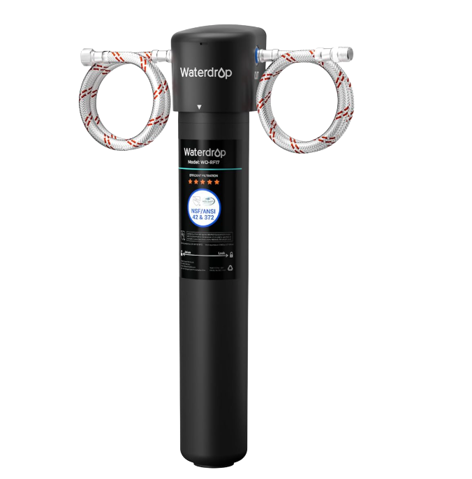 Waterdrop reverse osmosis water filtration system with two flexible hoses attached on both sides, black cylindrical body, and label indicating NSF/ANSI certification.