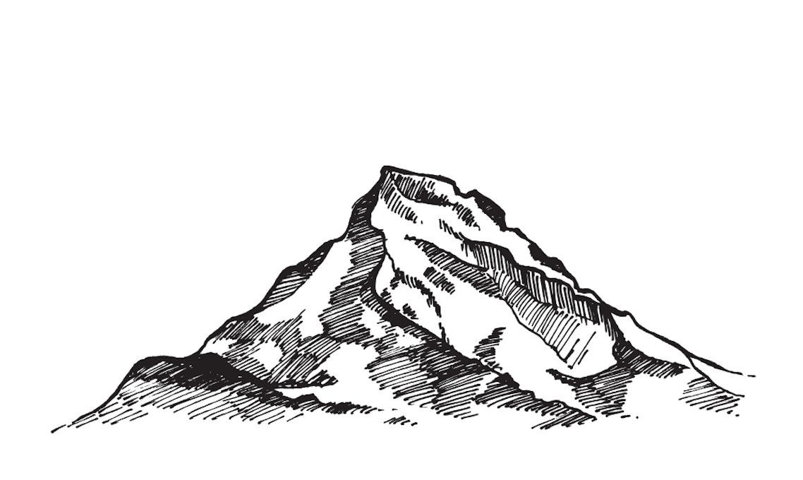 A detailed black and white sketch of a mountain peak with rugged terrain and cliffs.