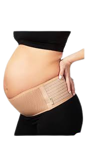 Person wearing a beige maternity belly support belt