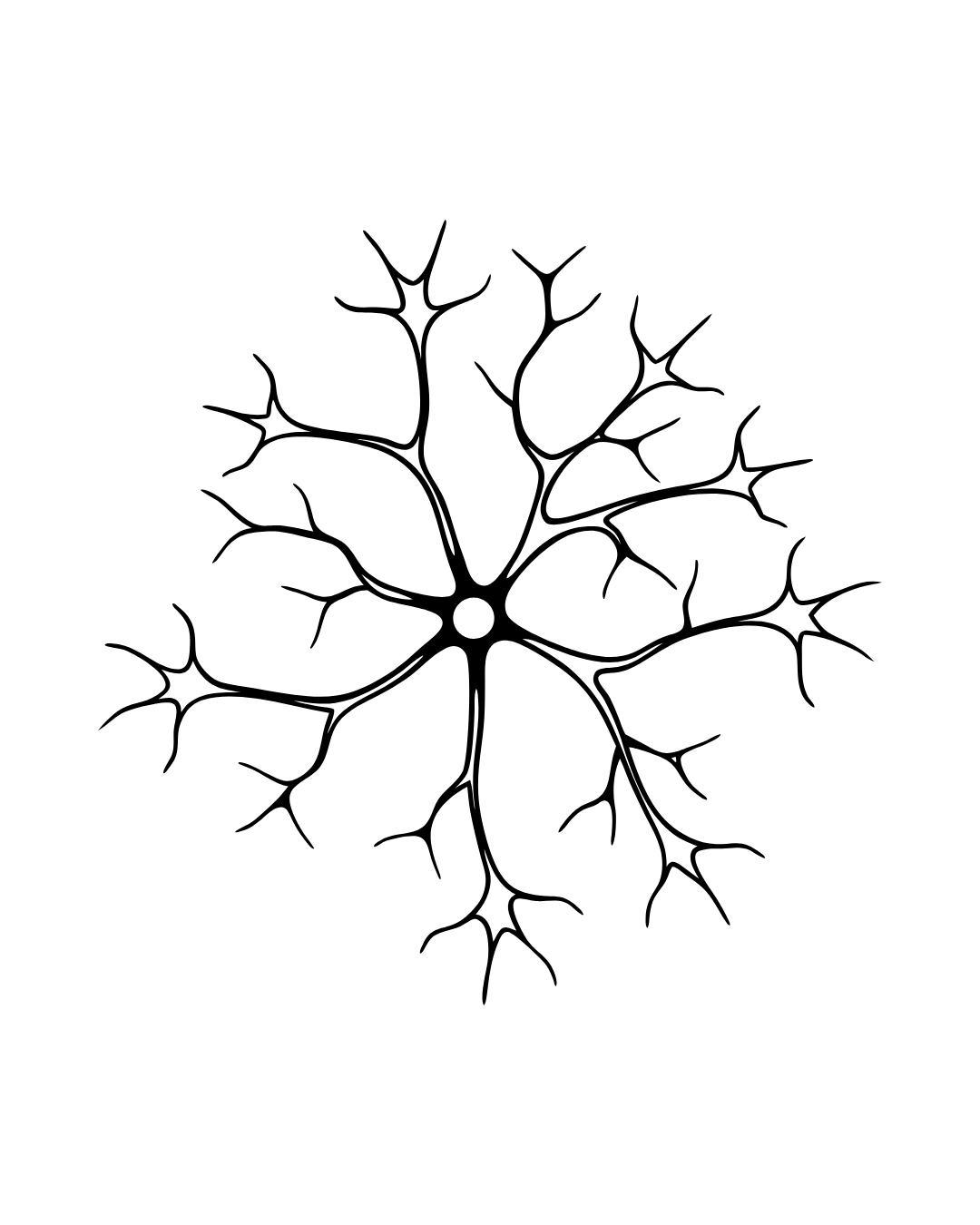 Black outline drawing of a neuron with dendrites and axon.