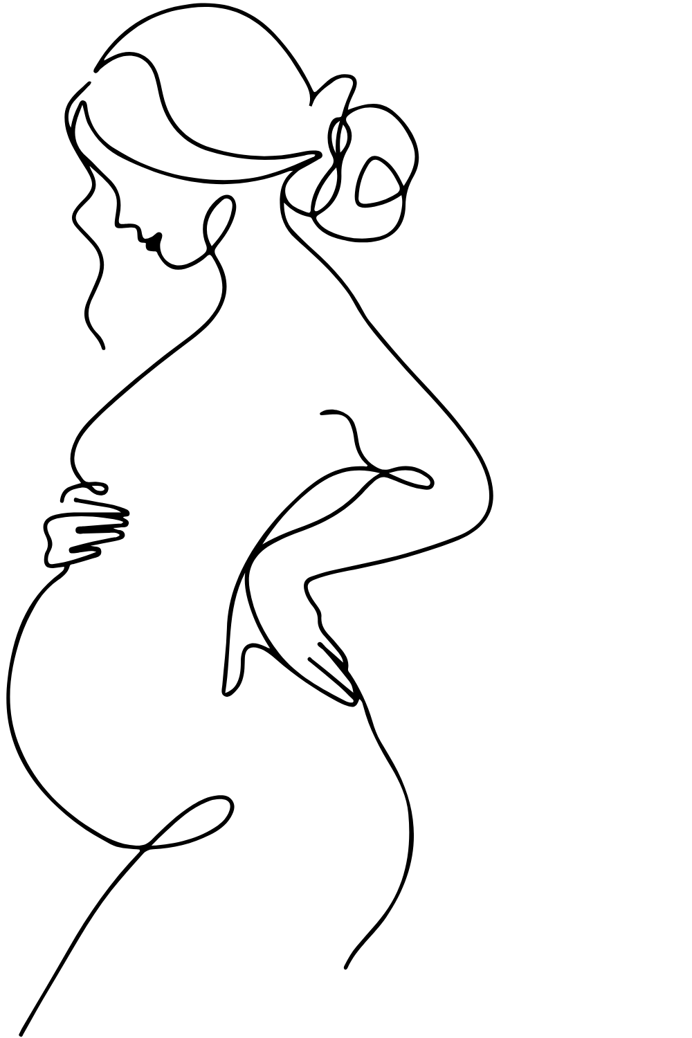 Line drawing of a woman with her hand on her hip, wearing a flower in her hair.