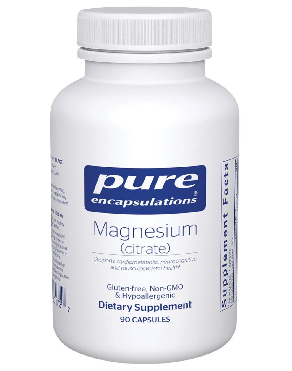 A white bottle of Pure Encapsulations Magnesium (citrate) dietary supplement with a white cap, labeled with product details including it supports cardiovascular, neurocognitive, and musculoskeletal health, and contains 90 capsules.