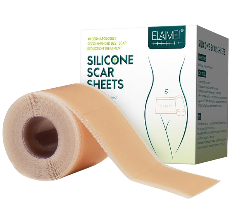 A roll of silicone scar sheets and its packaging box showing an illustration of a person applying the scar sheets to the skin.