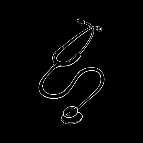 Outline drawing of a stethoscope on a black background.