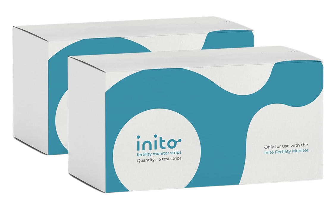 Two boxes of into fertility monitor test strips, 15 test strips in each box, with white and blue packaging.