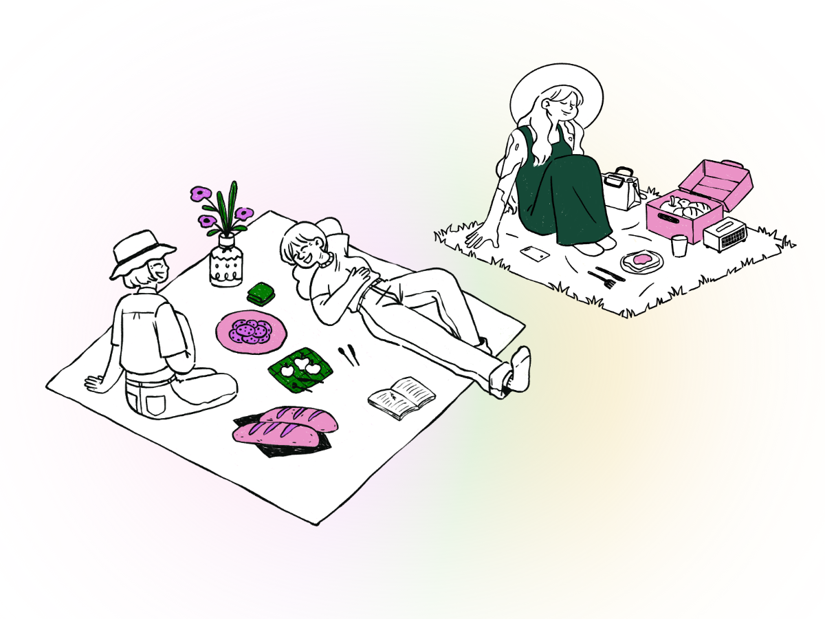 Illustration of three individuals picnicking on 2 blankets