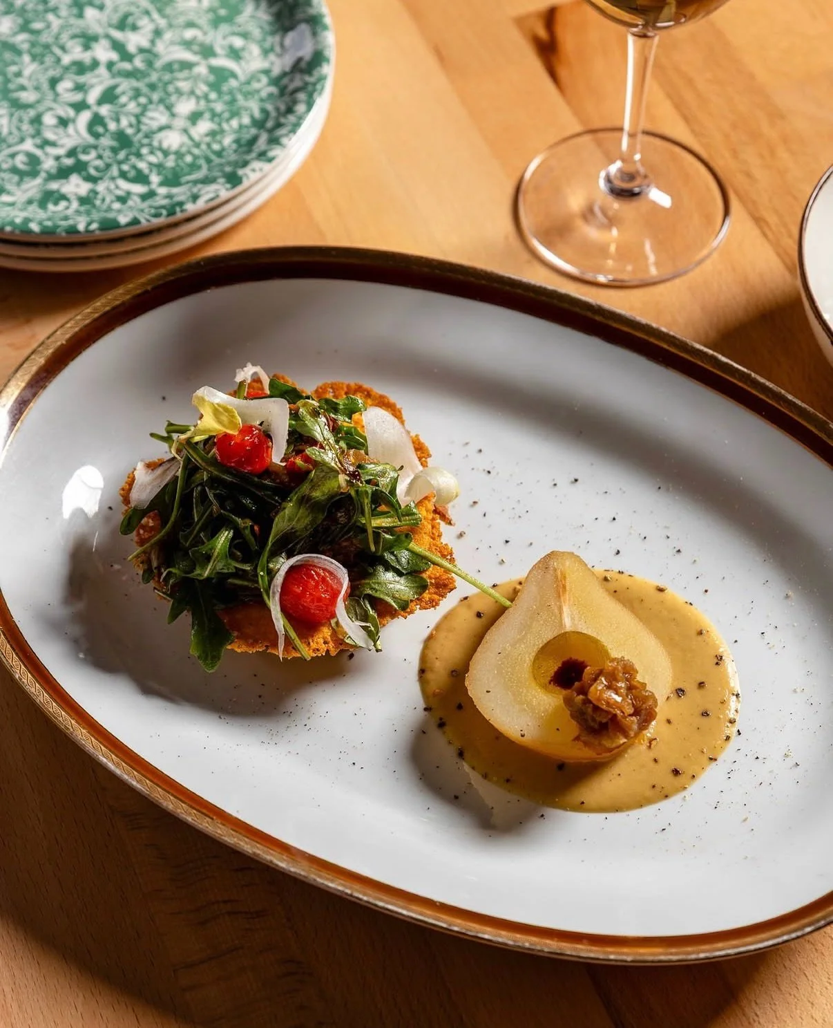 A handful of seats left for our wine dinner on Thursday with Alberto Cordero di Montezemolo at Marrow in the Market. Here&rsquo;s a look at two of the four courses.

Crispy gruyere bread pudding with caramelized onion puree, poached plum, and red oni