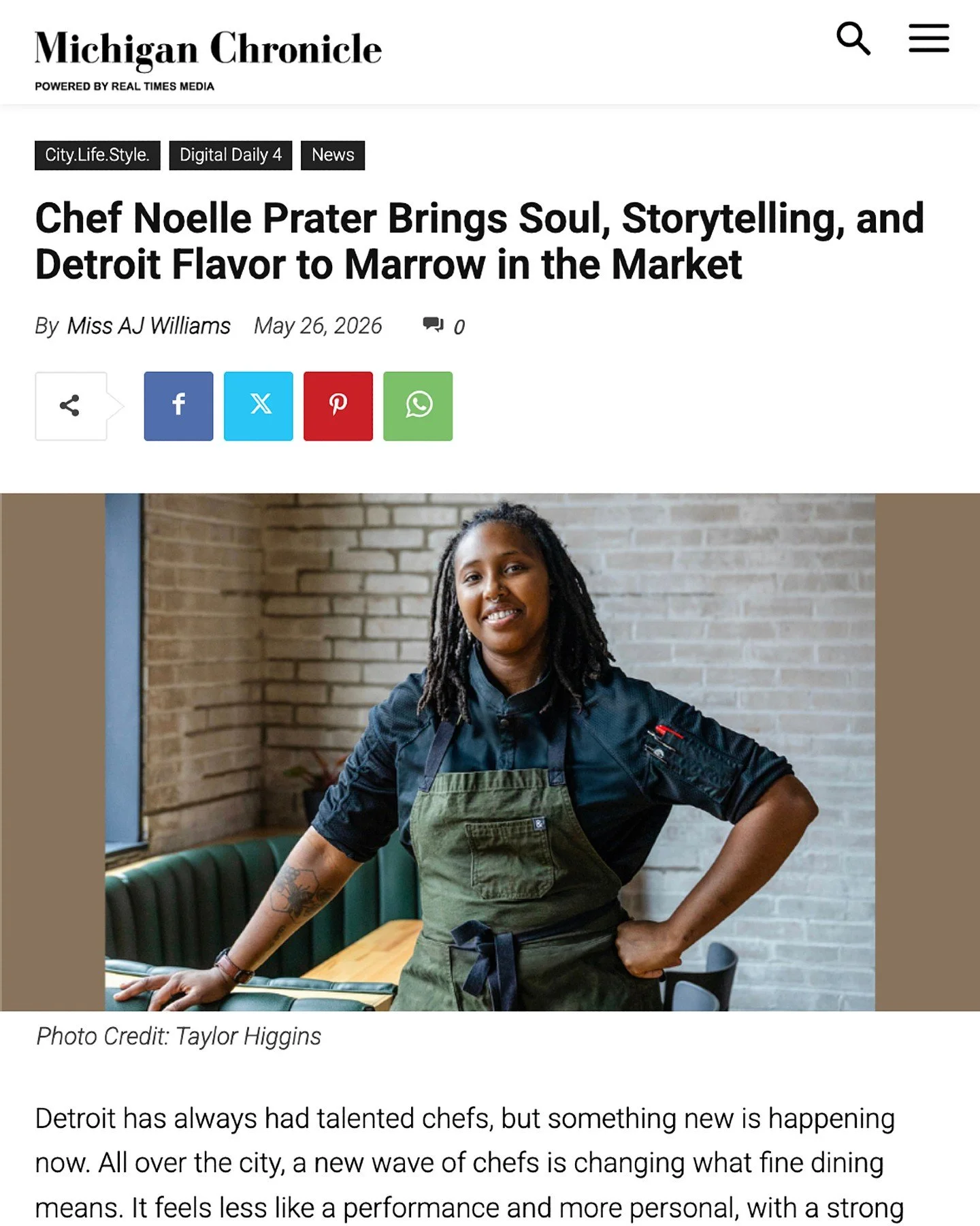 💥 Chef Noelle is in the Michigan Chronicle this week, and we couldn't be prouder to see her get this feature.

The piece gets into how she cooks >> the way a dish often begins with a single flavor or ingredient, then grows from there. It runs 