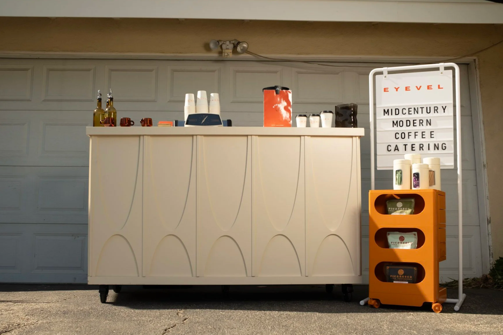A midcentury modern coffee cart setup