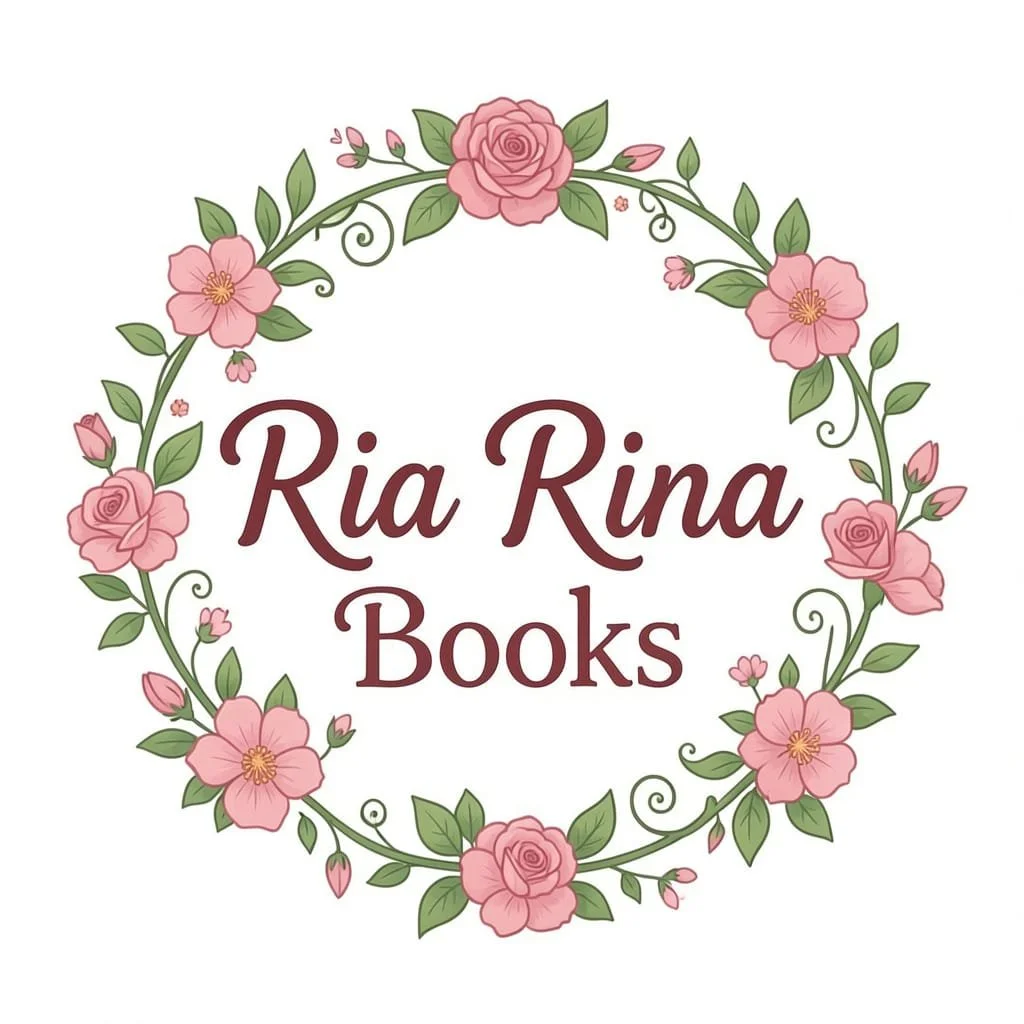 Logo for Ria Rina Books with a pink floral wreath surrounding the text.