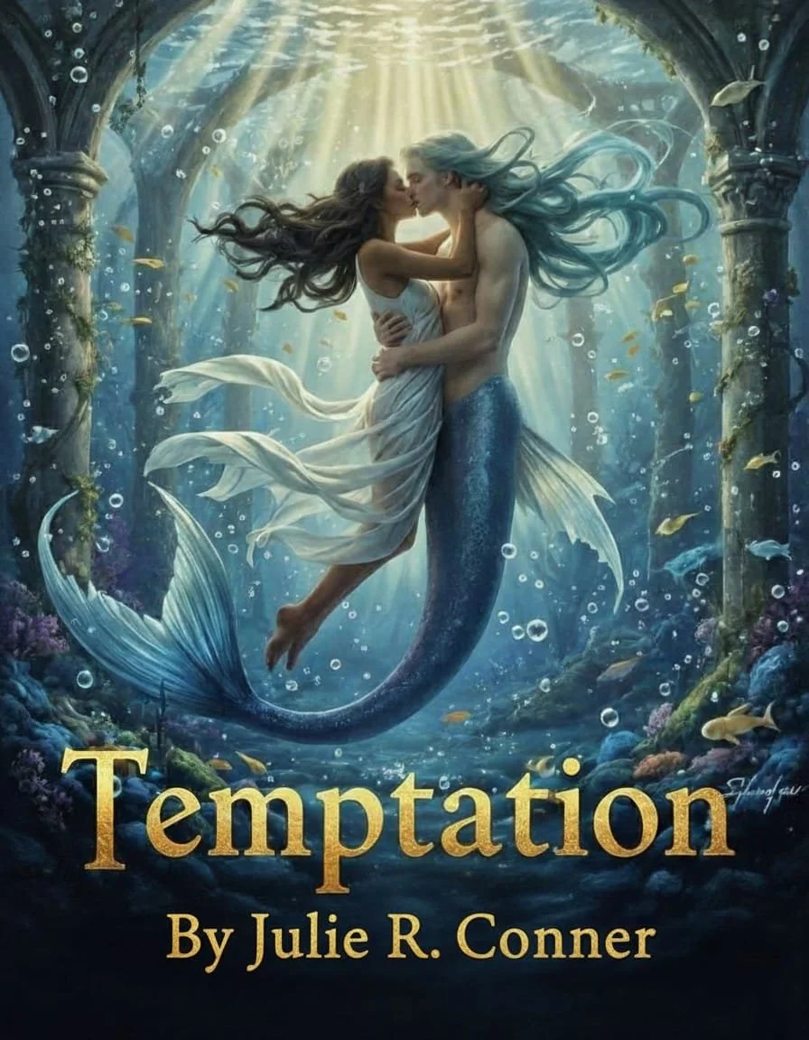 Book cover for 'Temptation' by Julie R. Conner featuring an underwater scene with two mermen or mermaids, one with long dark hair and the other with long silver hair, embracing and about to kiss, surrounded by fish and aquatic plants.