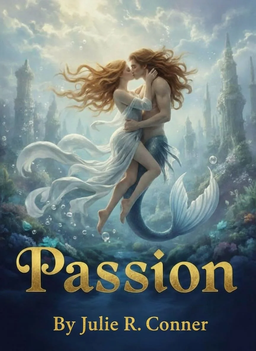 Book cover titled 'Passion' by Julie R. Conner, featuring a mermaid and a woman with flowing hair underwater, embracing and about to kiss with a mystical underwater landscape and castles in the background.