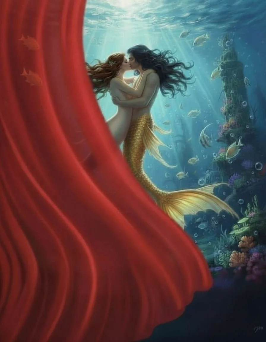 Artistic depiction of two mermaids underwater amidst coral and fish, with one mermaid with red hair and the other with black hair, sharing a kiss.