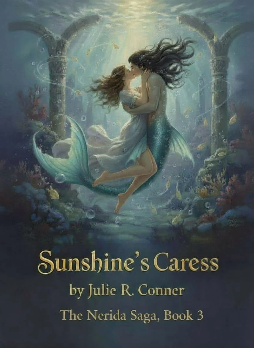 Book cover for 'Sunshine's Caress' by Julie R. Conner, featuring an underwater scene with two mermaids embracing in front of ancient ruins and surrounded by fish and coral.