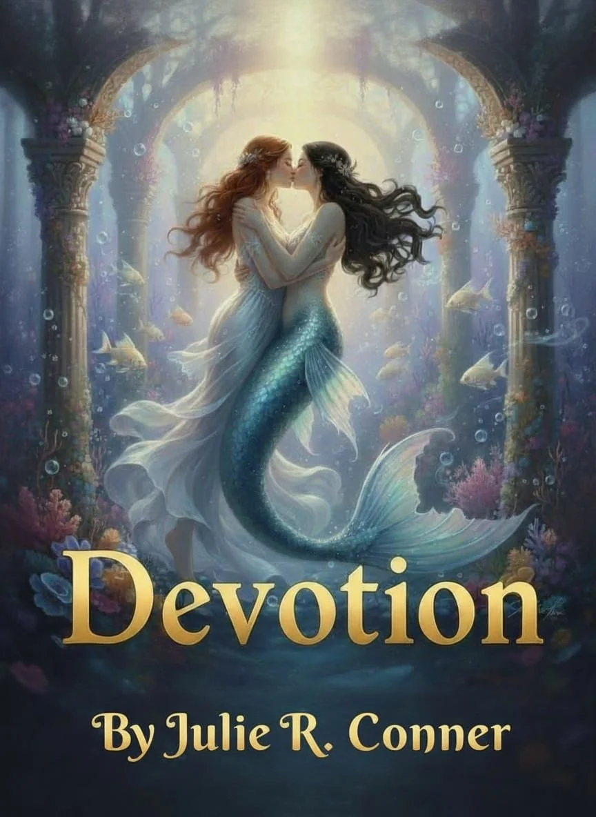 Book cover titled "Devotion" by Julie R. Conner, featuring an illustration of two mermaids kissing underwater, surrounded by coral, fish, and ancient columns, with sunlight filtering through the water.