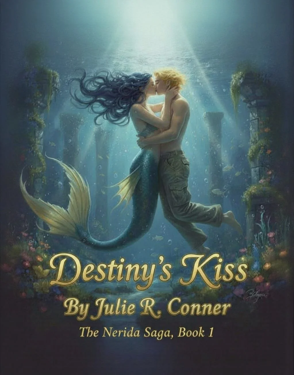 Book cover titled 'Destiny's Kiss' by Julie R. Conner, part of The Nerida Saga, Book 1. Artwork features a mermaid and a young man sharing a kiss underwater, with ancient ruins and coral in the background.