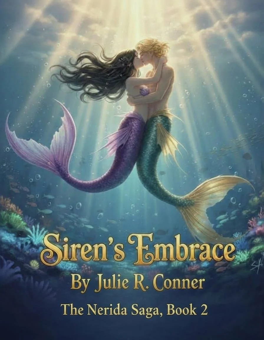 Book cover for "Siren's Embrace" by Julie R. Conner, featuring two mermaids underwater, kissing, with sunlight filtering through the water.