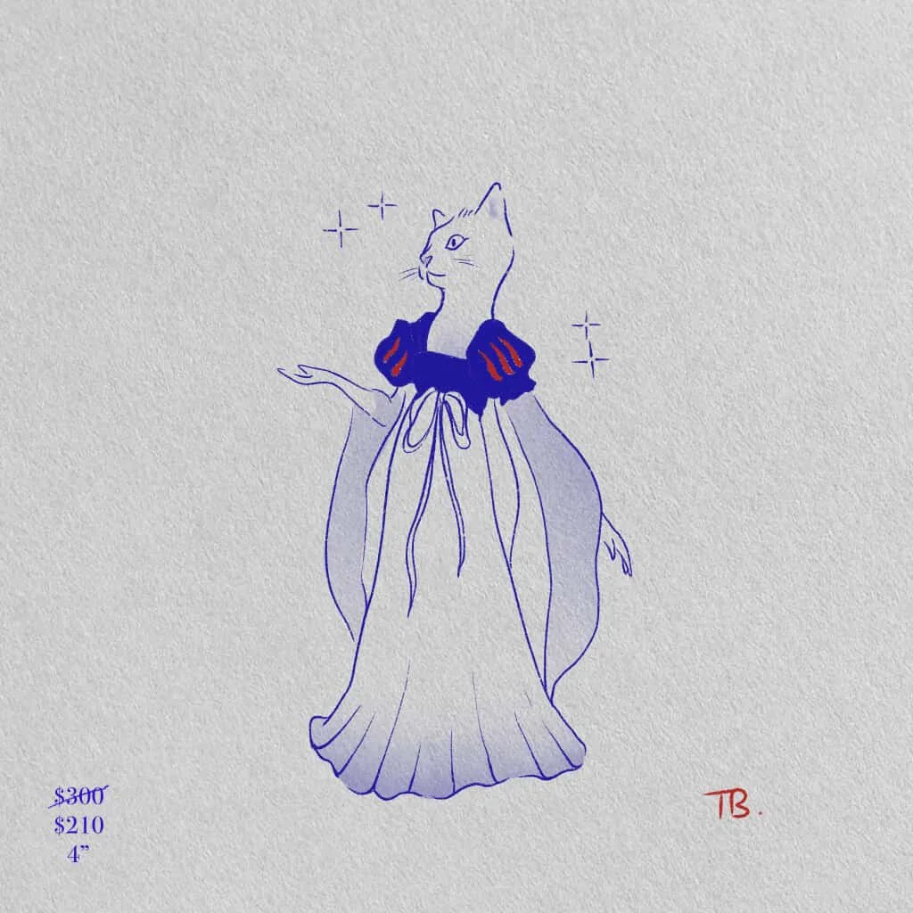 Drawing of a cat's head on a human-like body wearing a princess dress with a blue bodice and flowing skirt, with three sparkles around the cat's head.
