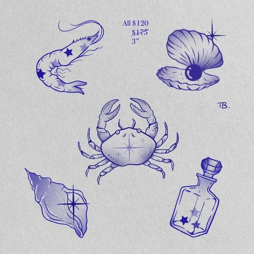 Tattoo flash featuring nautical and ocean-themed images, including a shrimp, a clam shell, a crab, a seashell, and a perfume bottle, all in shades of blue and black.