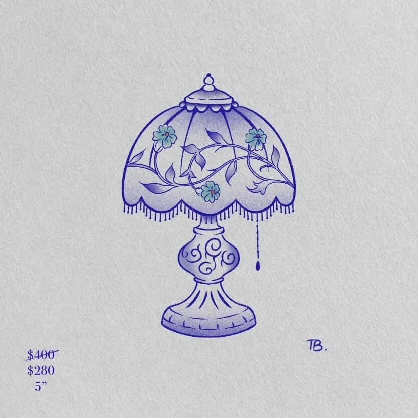 A sketch of a decorative table lamp with floral and swirl patterns, a beaded pull chain, and prices listed as $280 for 5 inches.