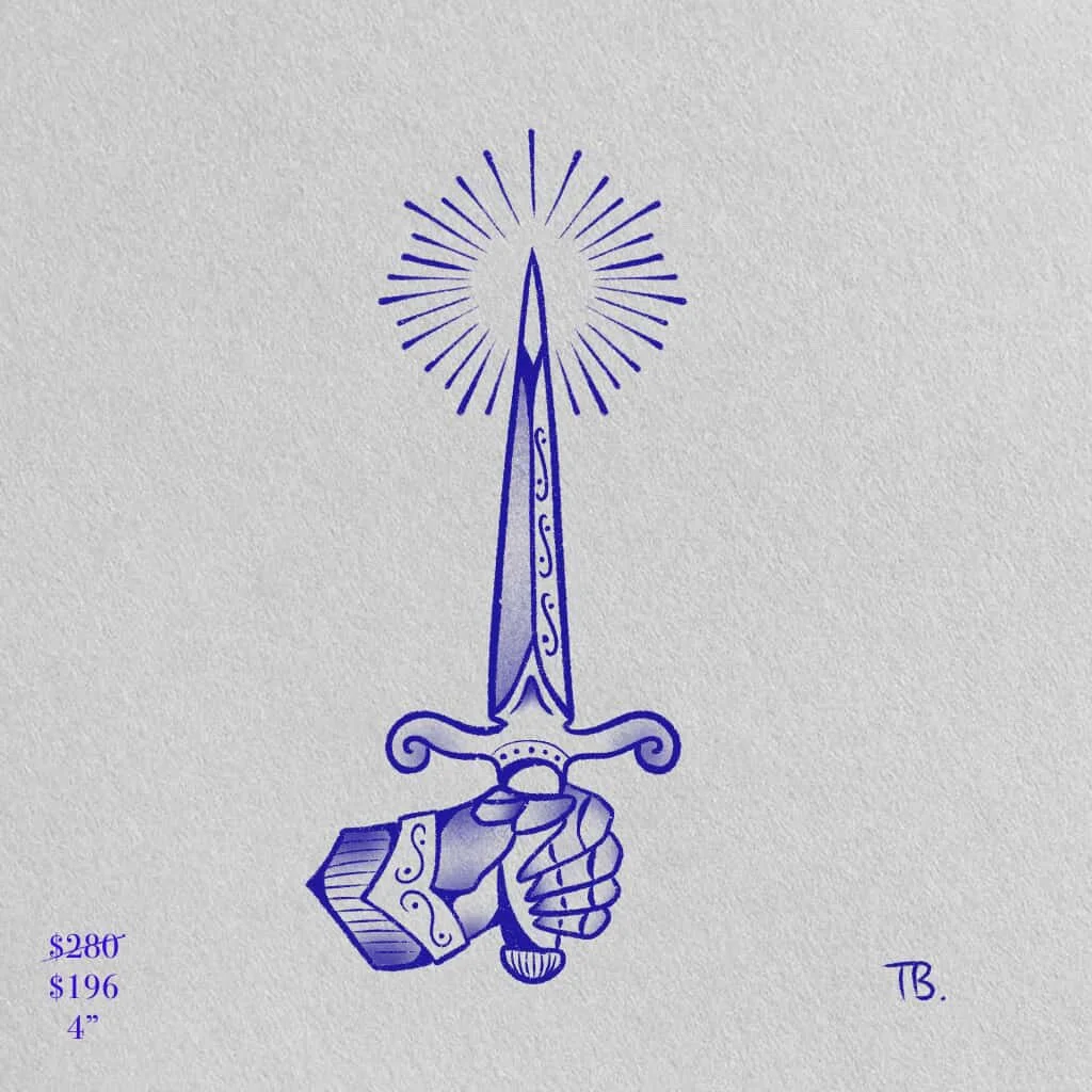 Drawn image of a hand holding a sword with rays emanating from the tip, and prices listed in the lower left corner.