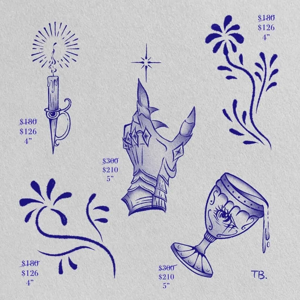 Tattoo flash sheet featuring a candle, a armoured hand, a floral design, a goblet with a spider, and decorative elements, with pricing and size details.