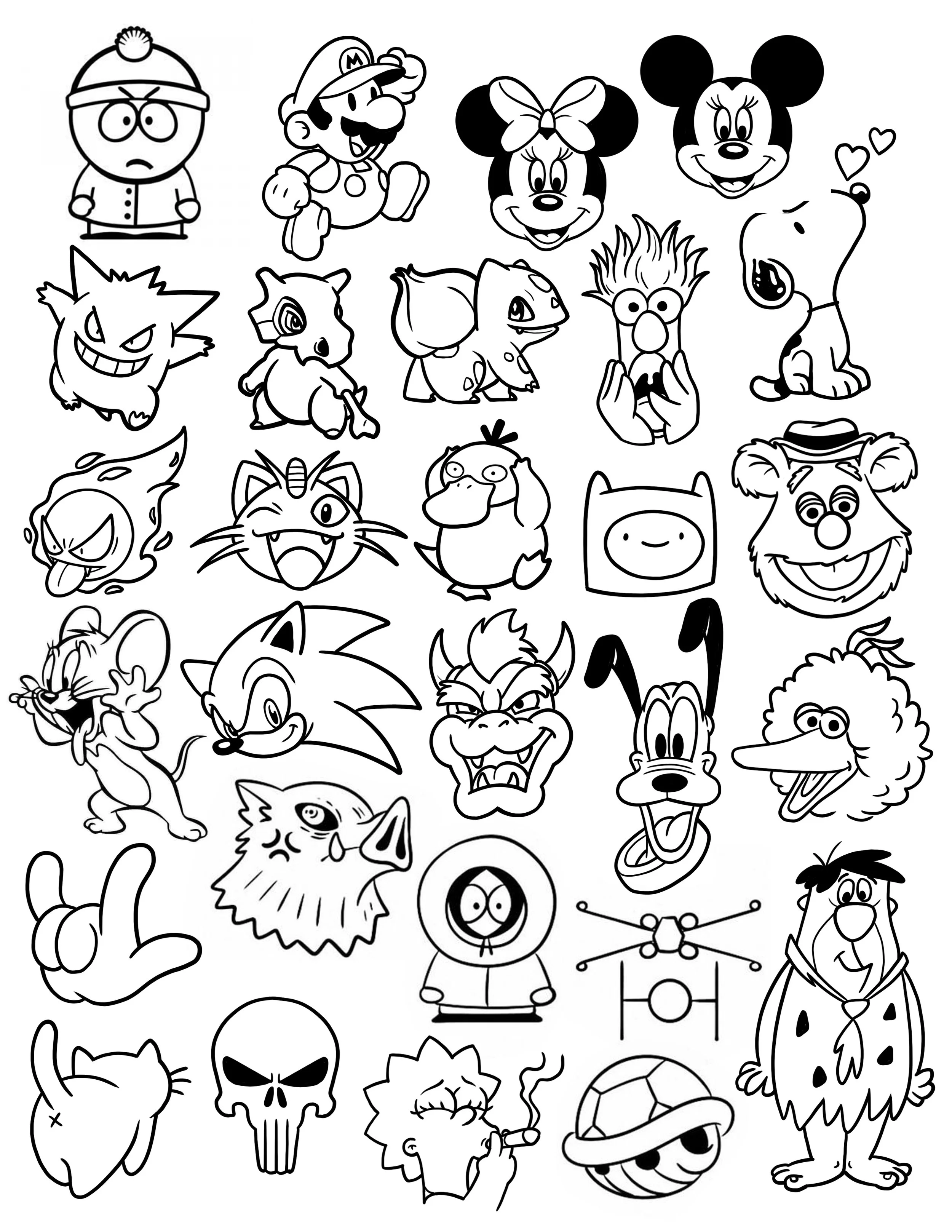 A collection of black-and-white cartoon characters from various animated series and movies, including cartoons, video games, and comic characters.