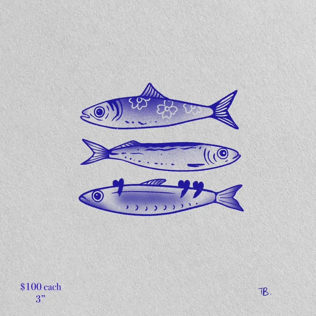 Drawing of three sardines fish with different patterns, each labeled with a price of $100 and a length of 3 inches.
