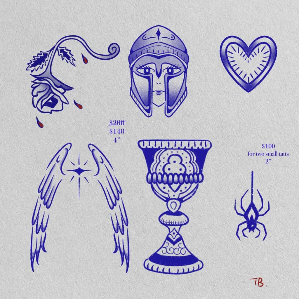 A collection of line drawings on a white background, including a floral design with drops, a tribal helmet, a heart, angel wings, a goblet, and a small spider. There are price and size notes.
