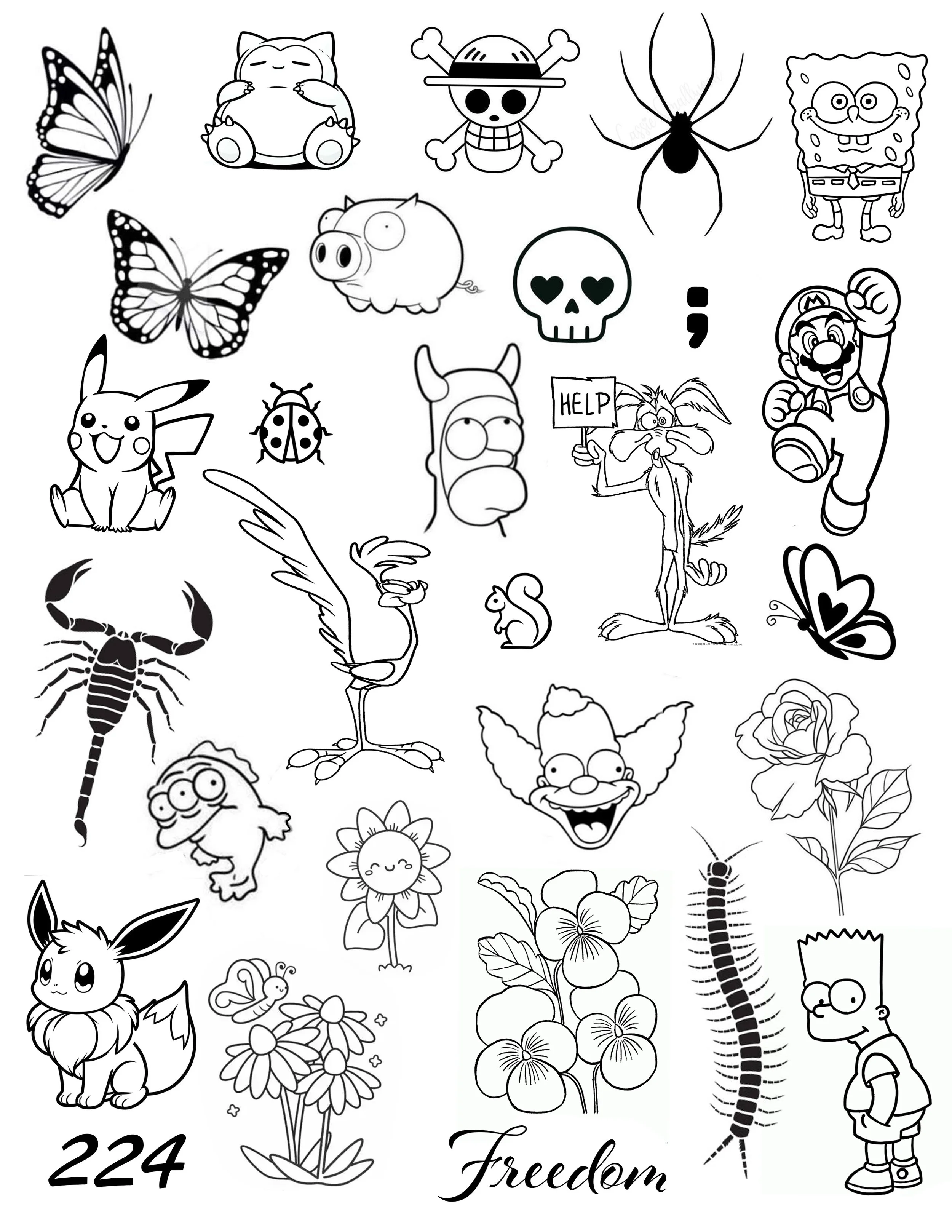 A collection of black and white cartoon characters and animals, including Pikachu, Bart Simpson, a butterfly, a spider, a sunflower, a rooster, and various insects, celebrities, and fantasy creatures. Some images are labeled with words like "HELP" an
