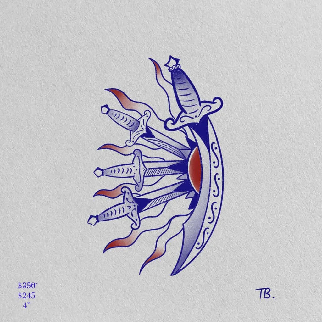 Traditional tattoo design featuring five swords with flames, a crescent moon, and decorative elements in blue, black and red on a white background.