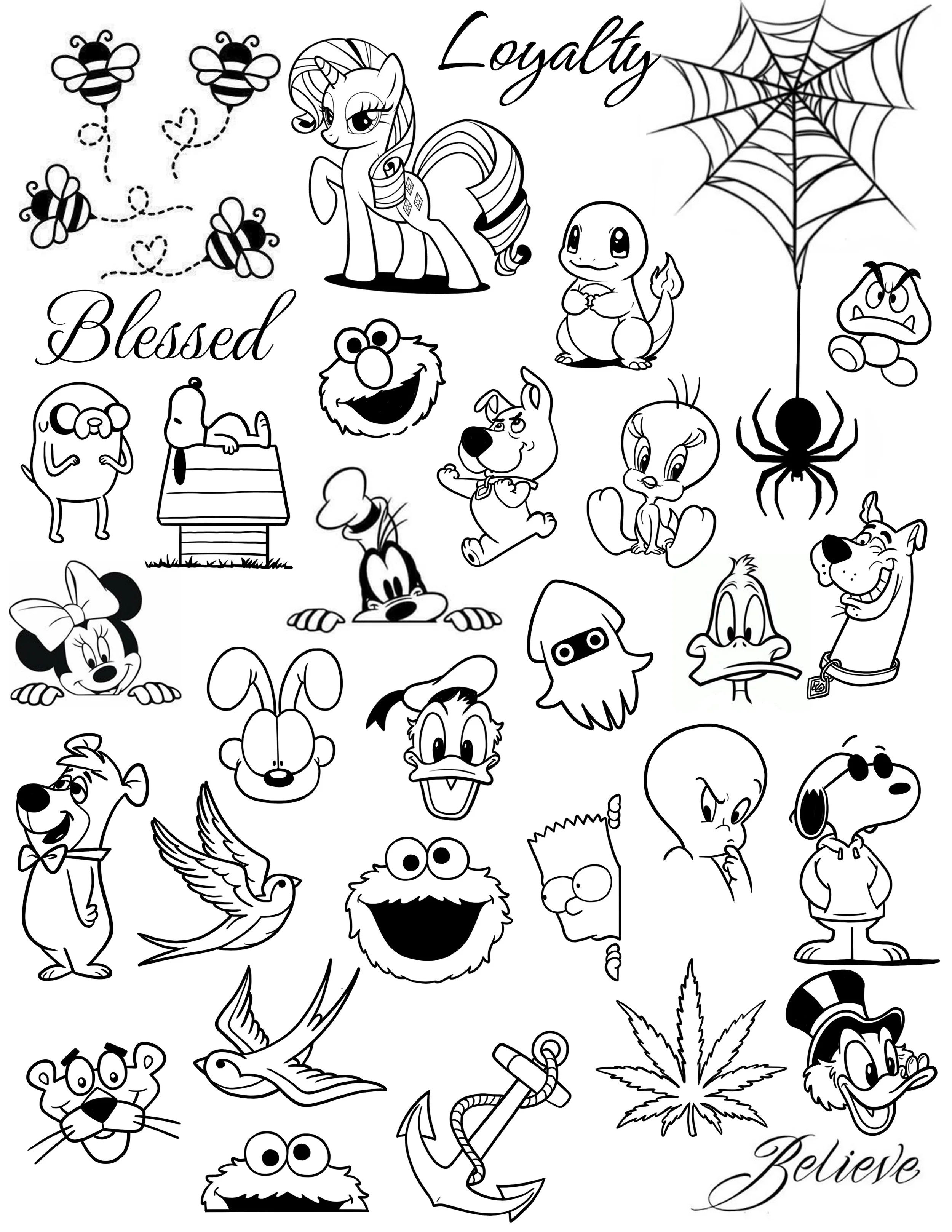 Black and white coloring page featuring various cartoon characters, animals, and objects, including a spider hanging from a web, a large lion, a turtle, a spider, a dog, a duck, a rabbit, a star, an anchor, a marijuana leaf, and several others, with 