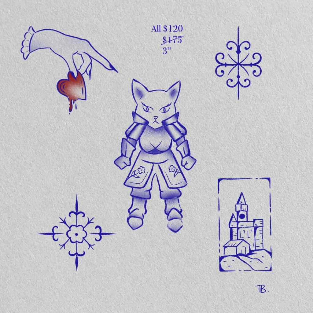A drawing of a female anthropomorphic cat dressed in fantasy armor, with ornate details. Surrounding her are decorative motifs, including a castle, a snowflake, and a hand holding a bleeding heart. The text indicates a price of $120 or $175 for a 3-i