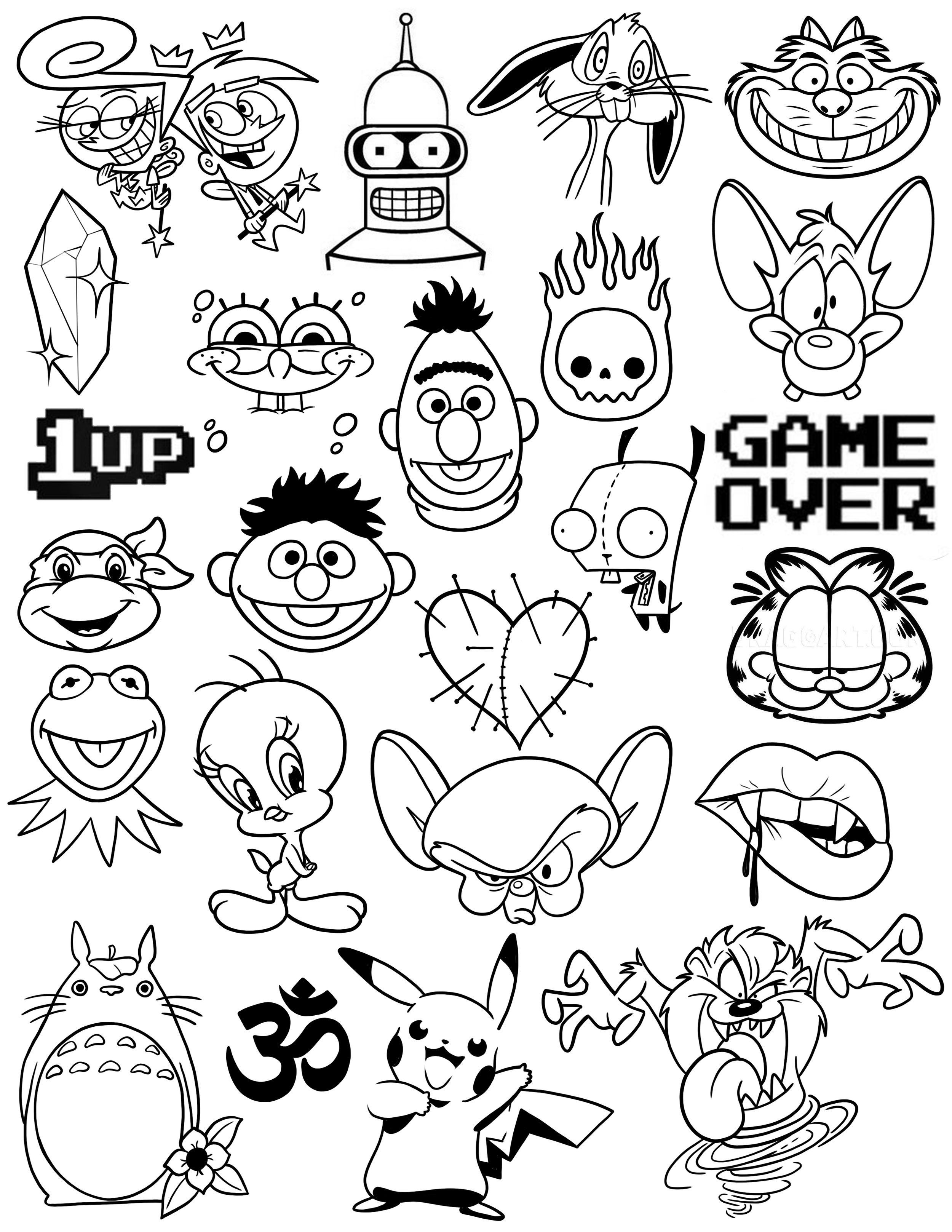 Collection of black and white cartoon characters, including animals, a robot, a skull with flames, and gaming icons like '1up' and 'Game Over', with anime and fantasy themes.