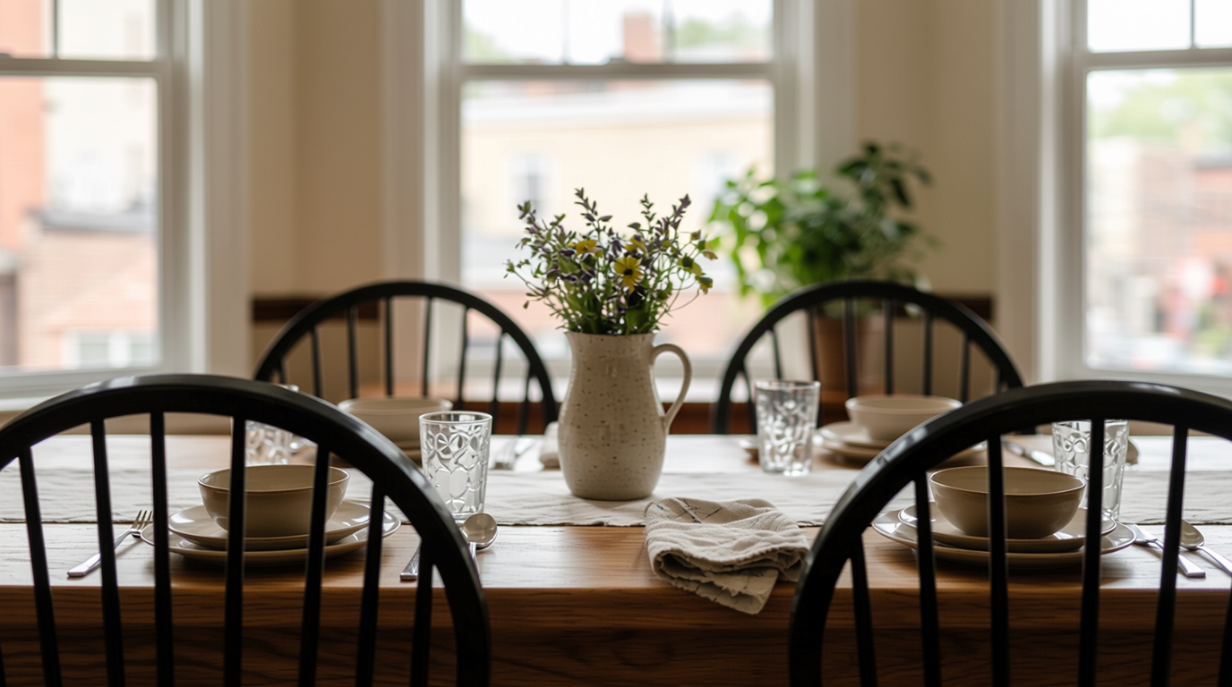 Dining table set with bowls, glasses, utensils, a vase with flowers, and napkins, in front of large windows showing city buildings.