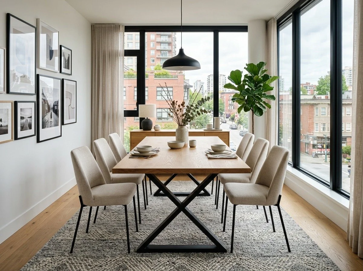 Modern dining room with a wooden table, eight beige upholstered chairs, a large window overlooking a cityscape, black and white artwork on the wall, a large plant, and a sideboard with decor items.
