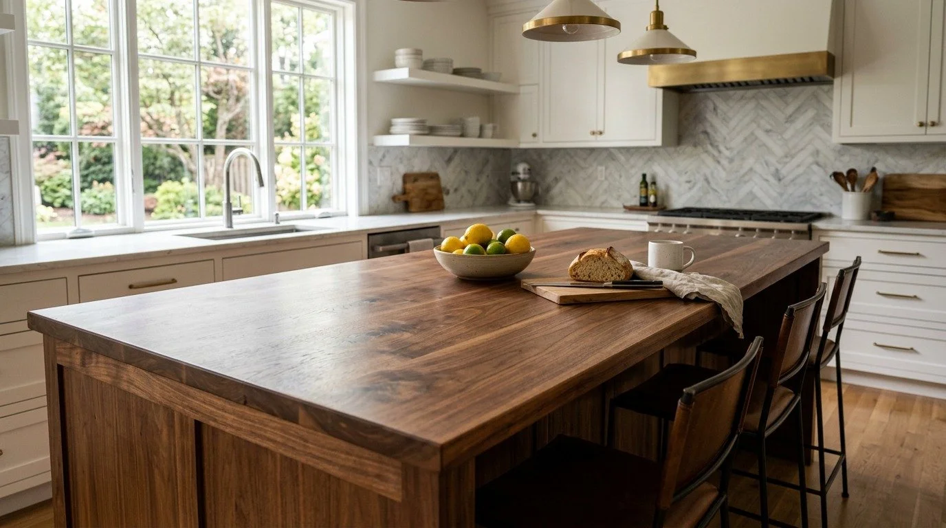 Kitchen with large wooden island, white cabinets, open shelves, and a window overlooking greenery. Countertop has a bowl of lemons and limes, a loaf of bread, a mug, and a cloth. Modern pendant lights hanging above.