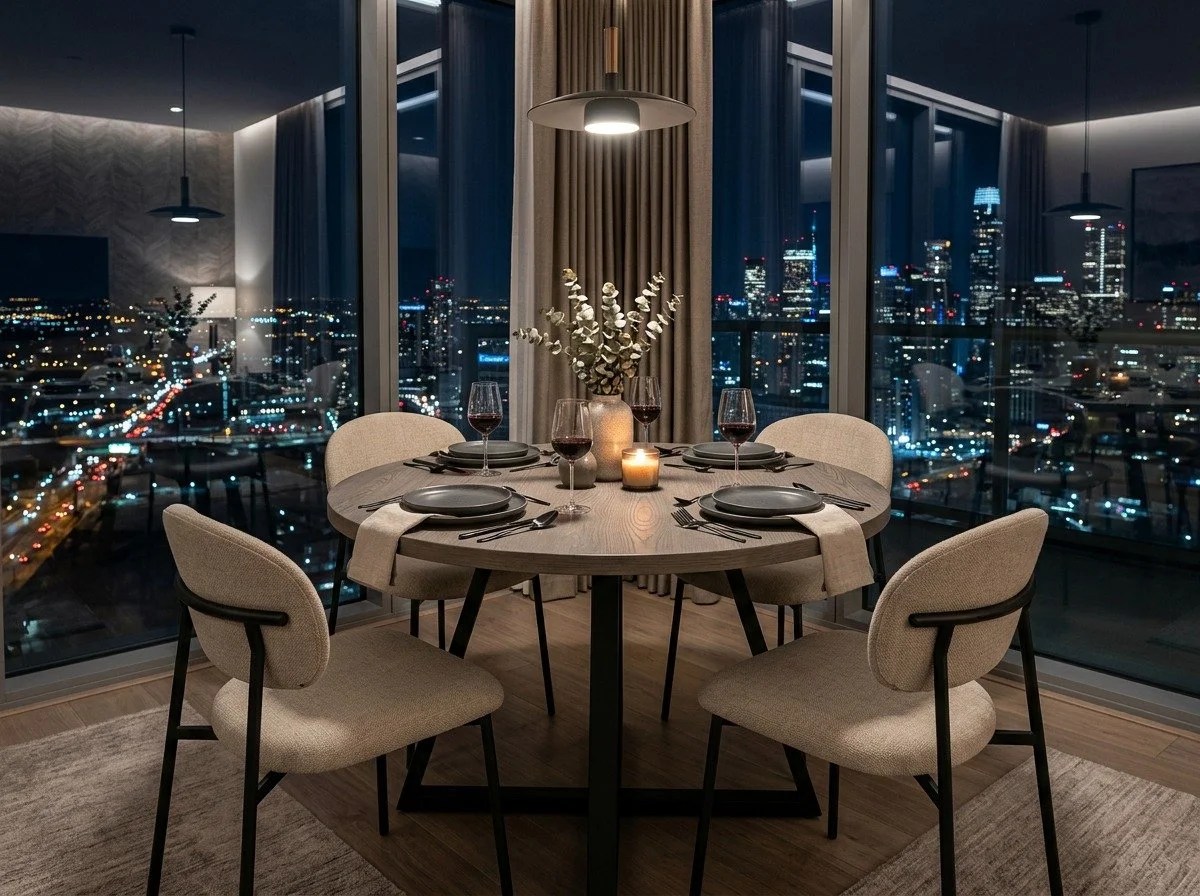 A modern round dining table set for four with dark plates, forks, knives, and wine glasses filled with red wine. The table has a centerpiece with a vase of dried eucalyptus leaves and a candle. The room features large windows revealing a city skyline at night, with high-rise buildings illuminated. There are beige upholstered chairs around the table, and warm lighting accents the space.