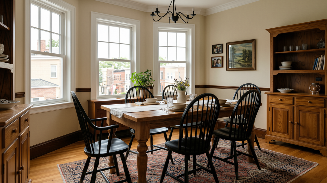A cozy dining room with a wooden table, six black spindle-back chairs, and a patterned area rug. The room has three large windows, a black chandelier, and wooden cabinets with dishes and decorative items. There are framed pictures and paintings on the beige walls.