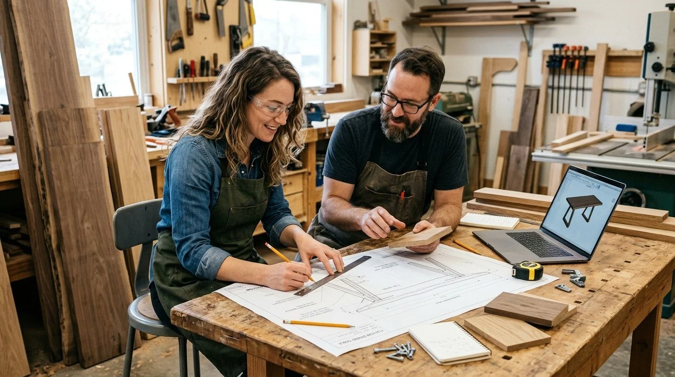 Two people in a woodworking shop, a woman and a man, working on a piece of wood and planning a project, with woodworking tools, blueprints, and a laptop on the workbench.