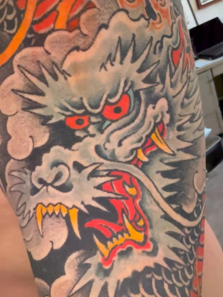 Healed dragon sleeve, on my man Emery. Made @houseofgracetattoo in Portland, OR &bull; All drawn on.