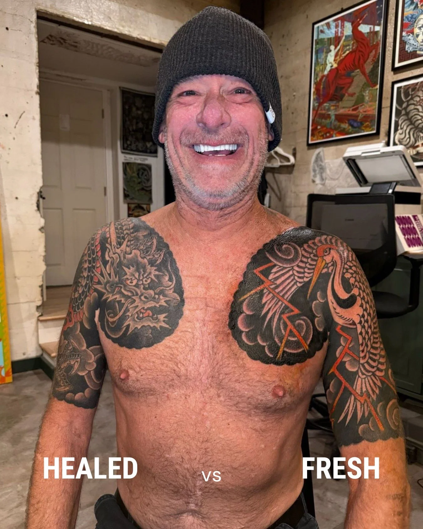 How do you know when your tattoo is healed?

Ideally it peels like a sunburn. Once you're done shedding that layer of skin, you're good!

A couple things that help speed it up:

&rarr; Leave the wrap on overnight, then wrap it again in Saran Wrap on 