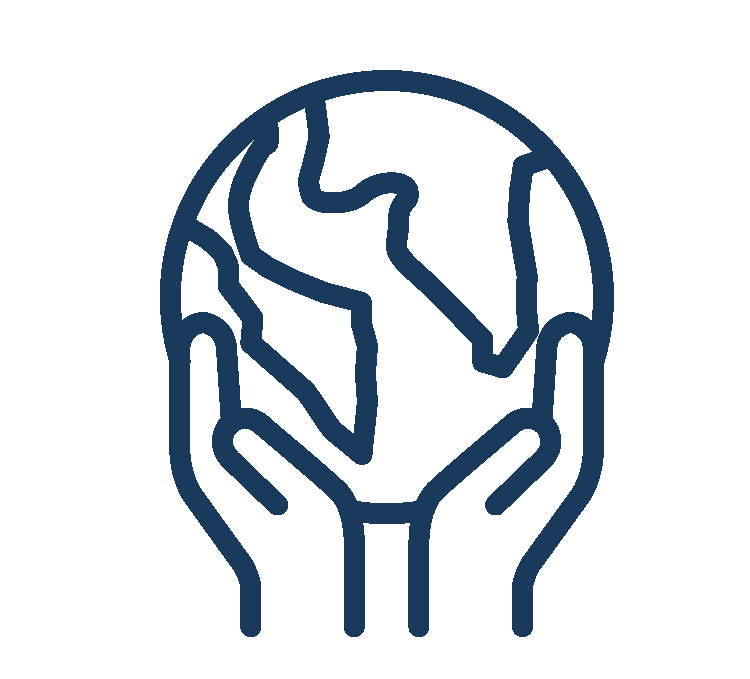 Outline of two hands holding a globe with continents visible.