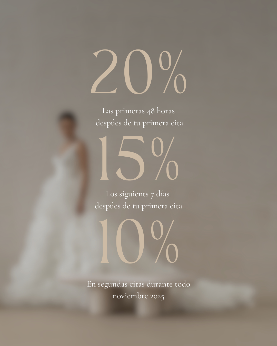 Texto promocional con descuentos para citas, con un fondo difuso de una mujer con vestido de novia.
