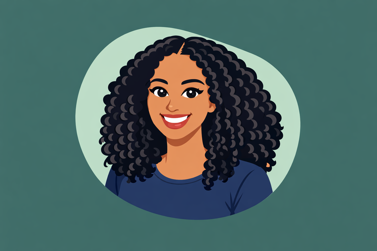 Digital illustration of a woman with curly black hair, smiling, wearing a dark blue top, with a teal background and a light green circular shape behind her.