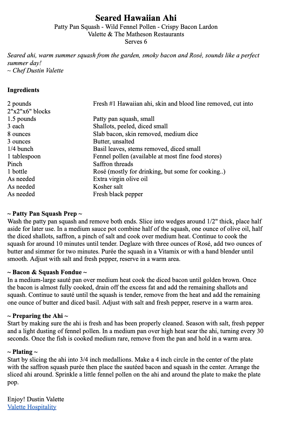 Dustin Valette's recipe for Seared Hawaiian Ahi