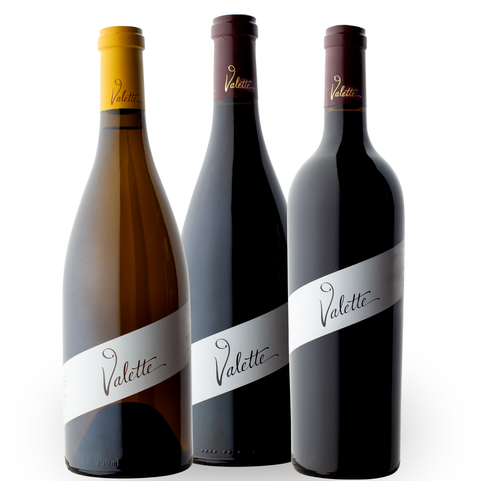 Bottle shots of three Valette Wines bottles. The Chardonnay, The Pinot Noir and the Cabernet Sauvignon.