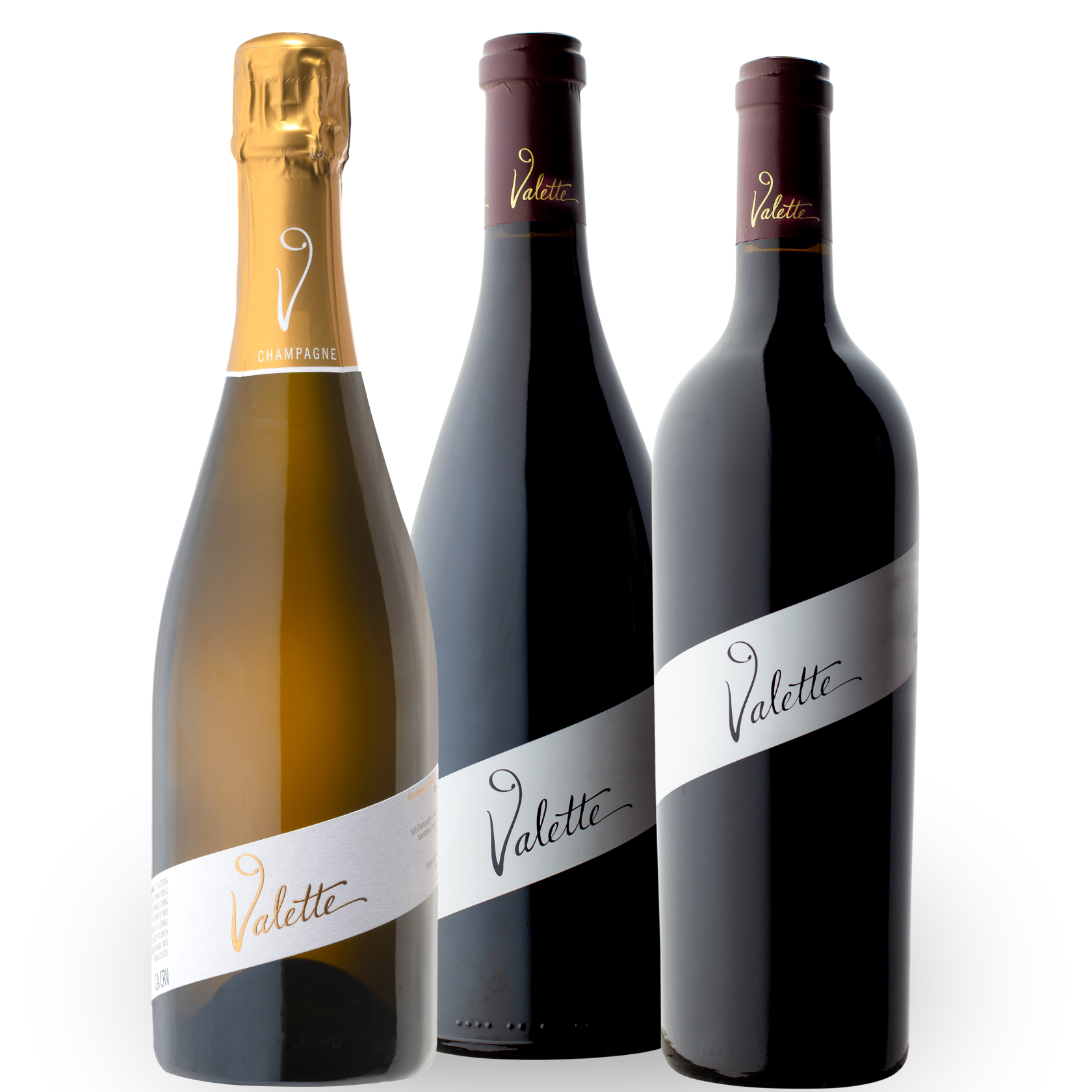 Bottle shots of three Valette Wines bottles - the Blanc de Noirs Champagne, the Pinot Noir and the Cabernet Sauvignon